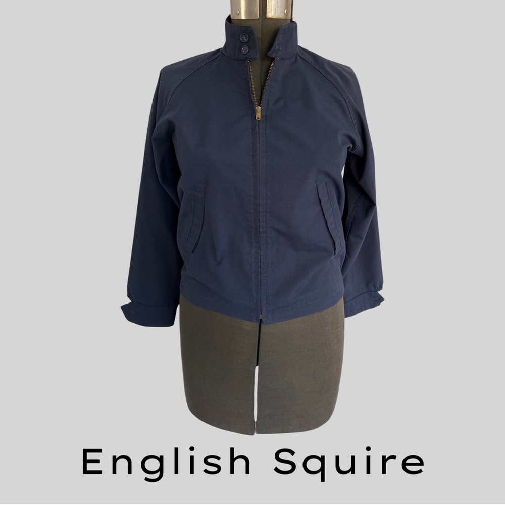 VINTAGE ENGLISH SQUIRE NAVY COTTON BLEND ZIP UP JACKET WITH POCKETS - SIZE SMALL